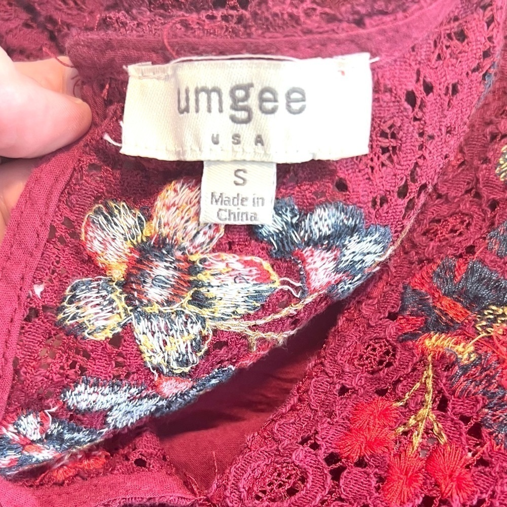 Umgee Boho Embroidered Burgundy Lace Shift Dress Spring Brunch Vacation  Size S - Picture 9 of 12